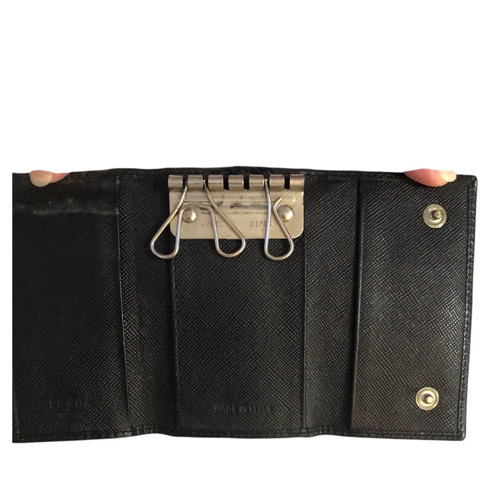 Prada Logo Black Silver Plaque Tri-Fold Key Case Key Unisex Logo Luxury